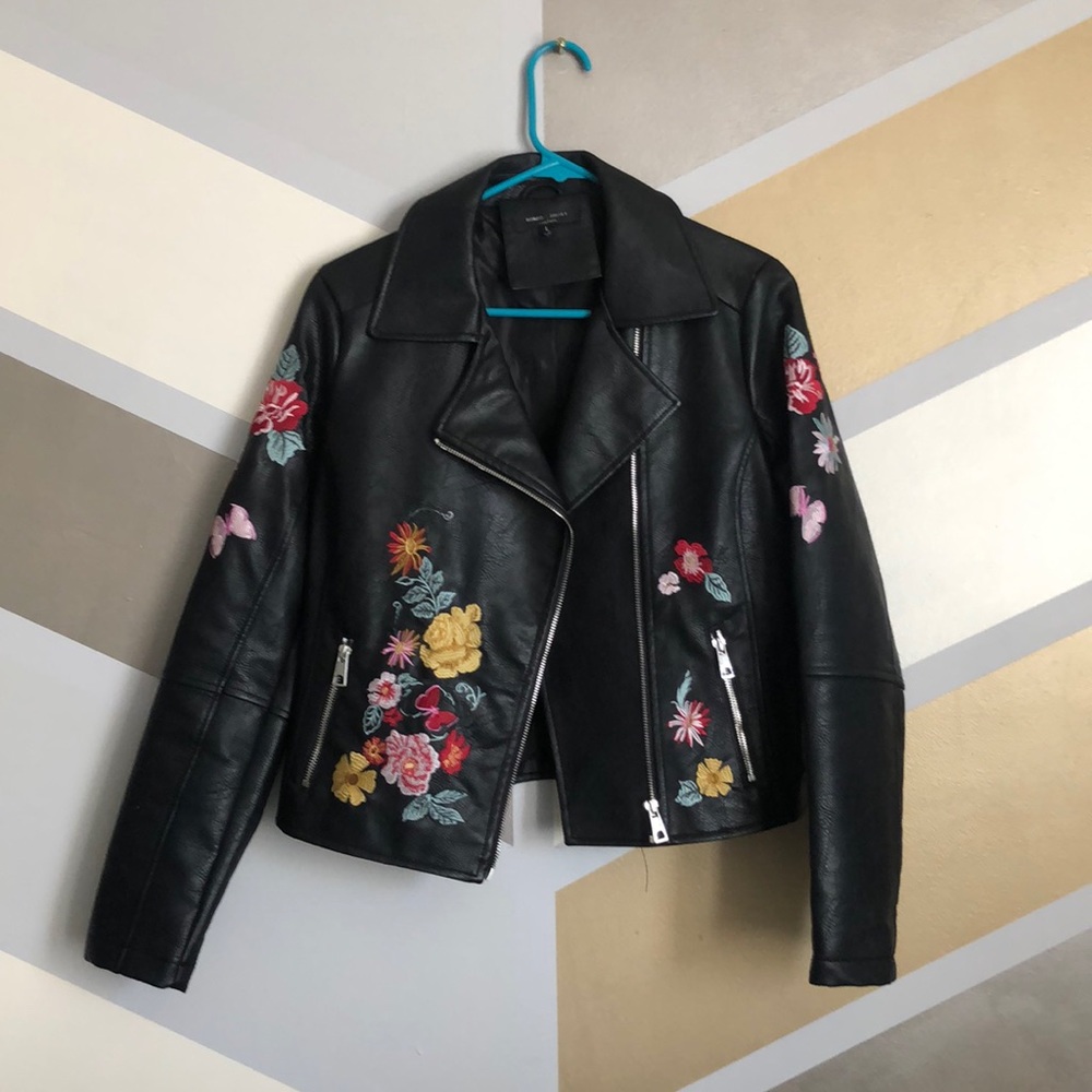 Cute Edgy Embroidered Faux Leather Jacket